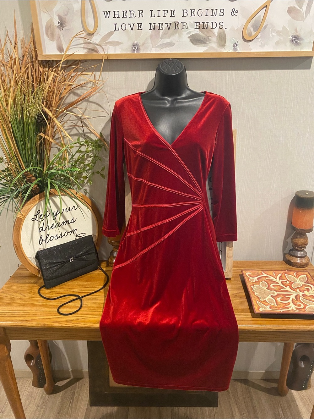 connected apparel Red Velvet V-Neck Midi Dress